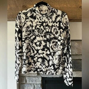 Talbots Top Women’s M Silk Black White Floral Turtleneck Timeless Career Mature
